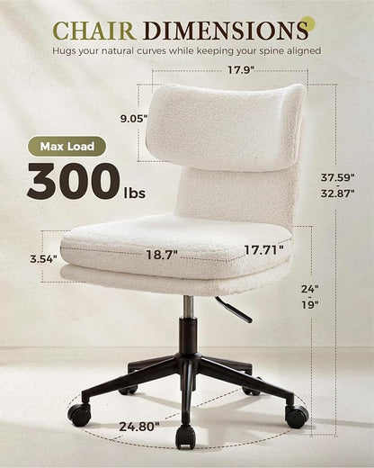 COMHOMA Vanity Chair with Ergonomic Curved Backrest, Home Office Desk Chair with Silent Wheel, Wide Seating Computer Chair for Girls Women Bedroom, Soft Teddy Fabric, White