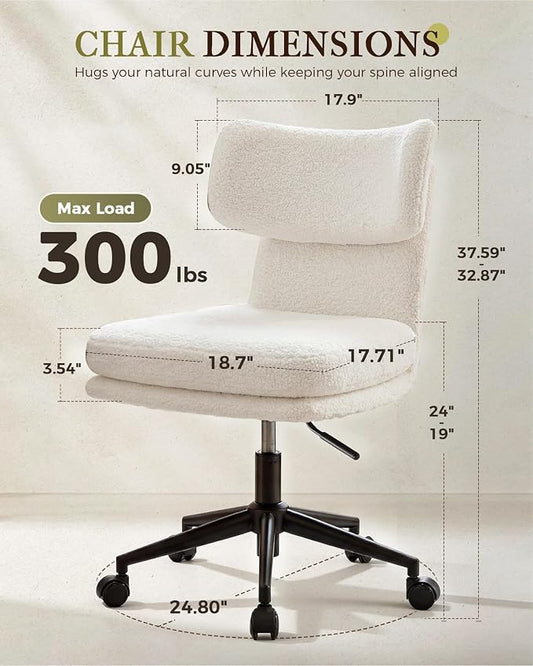 COMHOMA Vanity Chair with Ergonomic Curved Backrest, Home Office Desk Chair with Silent Wheel, Wide Seating Computer Chair for Girls Women Bedroom, Soft Teddy Fabric, White