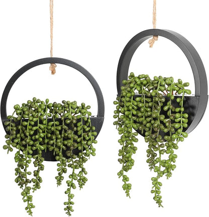 2 Pack Fake Plants Artificial Wall Hanging Plants, Boho Hanging Planter Fake Succulents Artificial String of Pearls in Black Wooden Pots with Lanyard for Home Office Wall Decoration