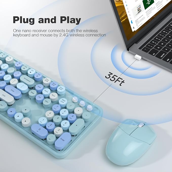 MOFII Wireless Keyboard and Mouse Combo, Retro Keyboard with Round Keycaps, 2.4GHz Dropout-Free Connection, Cute Wireless Mouse for PC/Laptop/Mac/Windows XP/7/8/10 (Blue-Colorful)