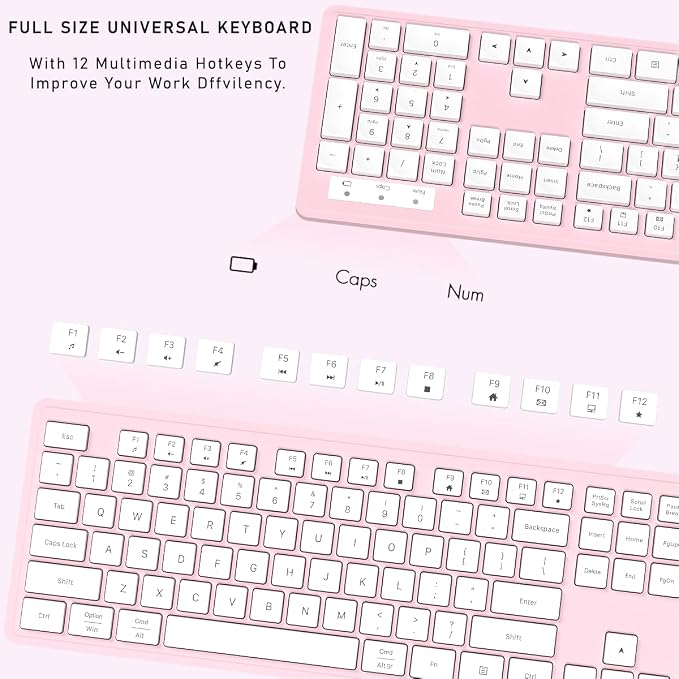 Wireless Keyboard and Mouse, 2.4GHz Cordless Keyboard Mouse Combo, Optical Mouse, Plug and Play USB Receiver, Compatible with Windows, Mac, Laptop, and PC（White Pink）