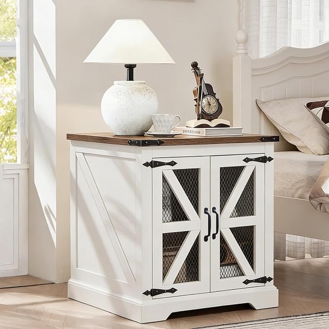 Farmhouse End Table Set with Charging Station, Living Room Tables with Hidden Storage, Wood Square Sofa Bedside Tables, Night Stand with Power Outlet and Door, White