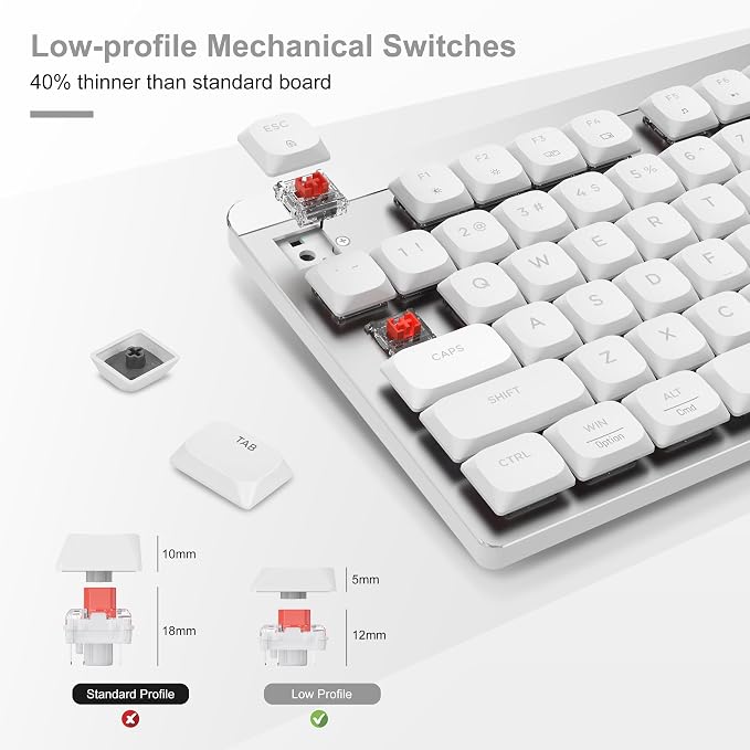 LeadsaiL Wireless Keyboard and Mouse Combo, 2.4Ghz Cordless Mechanical Keyboard and Silent Mouse for Business, Low-Profile Red Switch, 98-Key Compact Slim Keyboard for Windows/MacOS PC Laptop- Silver