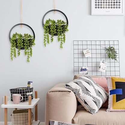 2 Pack Fake Plants Artificial Wall Hanging Plants, Boho Hanging Planter Fake Succulents Artificial String of Pearls in Black Wooden Pots with Lanyard for Home Office Wall Decoration