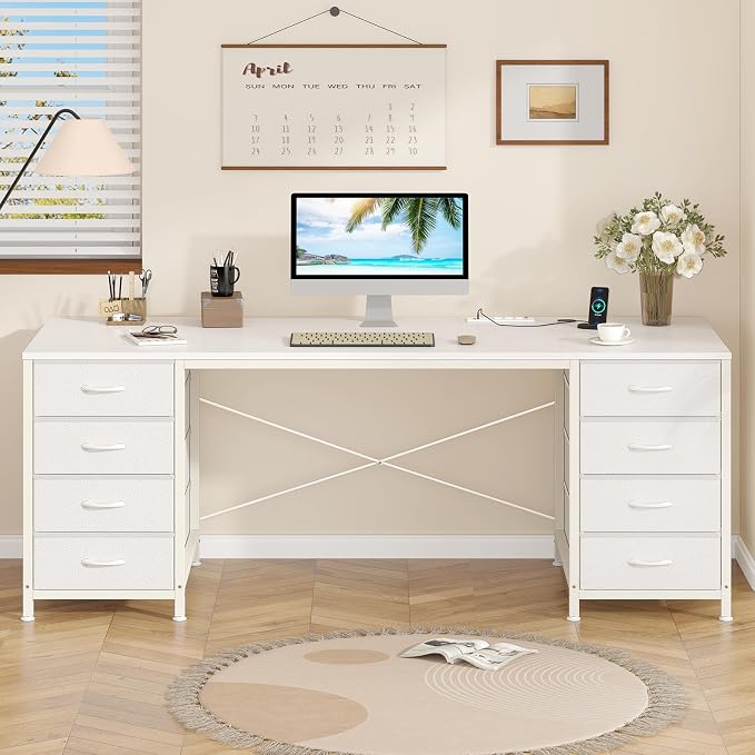 YOMILUVE 60 Inch Computer Desk with 8 Drawers, Home Office Desk with Power Outlets, Work Study Gaming Desk with 8 Fabric Drawers