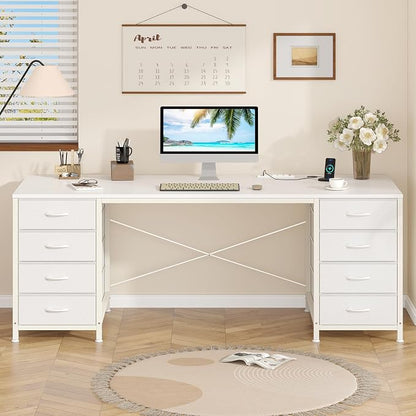 YOMILUVE 60 Inch Computer Desk with 8 Drawers, Home Office Desk with Power Outlets, Work Study Gaming Desk with 8 Fabric Drawers