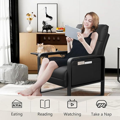 Alunaune Upholstered Living Room Chair Armchair Set of 2, Mid Century Faux Leather Metal Accent Chair, Reception Couch Slipper Club Lounge Chair Guest Comfy Single Sofa with Sidetable-Black