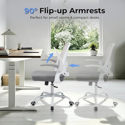 Ergonomic Mesh Office Chair for Home Office, Flip-Up Arms, Breathable Mesh Back & Thick Seat Cushion, Swivel Rolling Computer Desk Chair – BIFMA Certified, Supports 300 lbs (White Frame/Gray Seat)