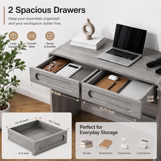 Writing Desk with 2 Drawers, Home Office Computer Desk for Small Spaces | Grey Study Desk for Bedroom, Compact Workstation Table, Vanity Desk for Apartment and Dorm Room