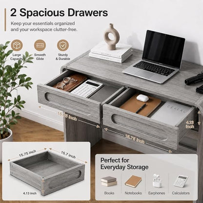Writing Desk with 2 Drawers, Home Office Computer Desk for Small Spaces | Grey Study Desk for Bedroom, Compact Workstation Table, Vanity Desk for Apartment and Dorm Room