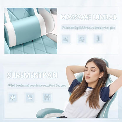 Shahoo Gaming Chair with Footrest and Massage Lumbar Support, Ergonomic Office Computer Seat Height Adjustable with Headrest, Light Blue