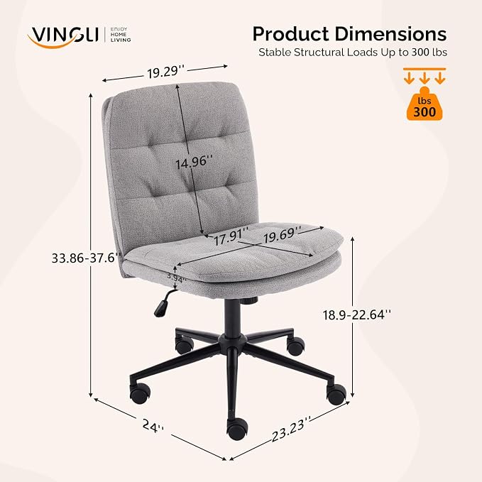 VINGLI Mid Back Armless Office Desk Chair with Wheels/no Wheels,360°Rocking Swivel Vanity Chair with Thickened Cushion,Adjustable Height Rolling for Reading Room, Make up, Linen Dark Grey