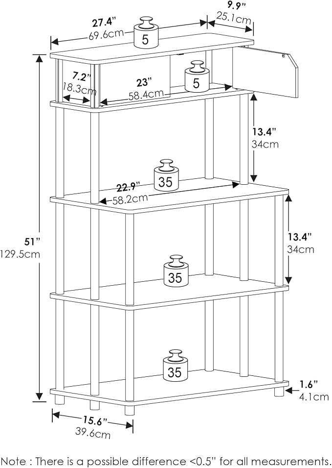 Furinno Turn-N-Tube Printer Stand with Storage, 5-Tier Large Printer Stand, Printer Table with Top Cabinet, for CPU, Office Supplies, Dark Americano