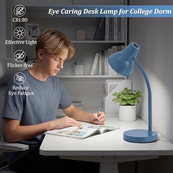 LED Desk Lamp with Flexible Gooseneck, Eye-Caring 4.5W Energy-Saving Study Lamps, Anti-tip Heavy Duty Bedside Reading Light, Desk Lamps for College Dorm Room, Home Office, Modern Lamp with 1.6m Cord