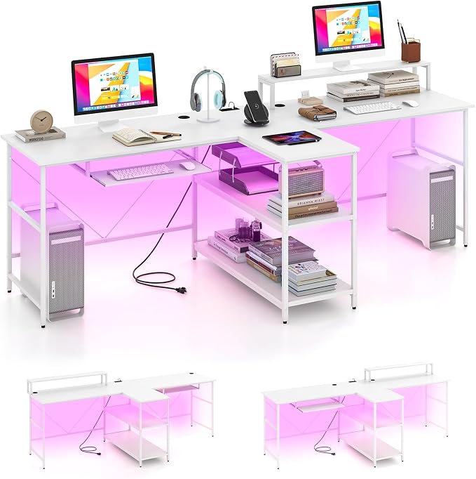 Tangkula 2-Person Reversible Computer Desk with LED Lights, 94.5” Long Office Desk with Power Outlets, Monitor Stand, Keyboard Tray & 2 Storage Shelves, Double Desk for Gaming Working Writing (White)