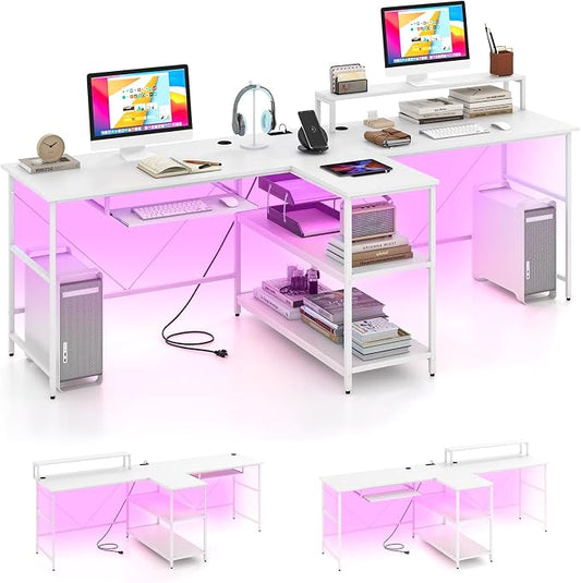 Tangkula 2-Person Reversible Computer Desk with LED Lights, 94.5” Long Office Desk with Power Outlets, Monitor Stand, Keyboard Tray & 2 Storage Shelves, Double Desk for Gaming Working Writing (White)