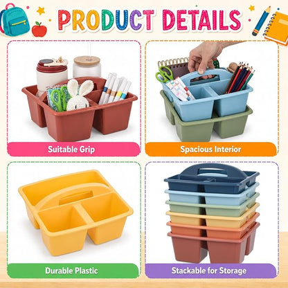 6 Pack 3 Compartment Small Caddy Plastic Classroom Organizer with Handle Portable Teacher Supply Storage Caddy Craft Art Caddies for Pencil, Crayon, Marker, Home, Office, School Supplies(Boho Earthy)