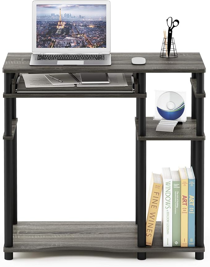 Furinno Abbott Desk, 31.5 Inch Grey Computer Desk with Keyboard Tray, Easy Assembly Gaming Desk with Storage Shelf, Office Desk for Home Office, Bedroom, Grey Oak