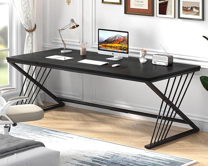 FOLUBAN 70.9" Black Computer Desk, Modern Home Office Desk, Large Gaming Workstation Executive Desk with Z-Shaped Legs, 2 Person Large Study Writing Table for Bedroom