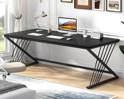 FOLUBAN 70.9" Black Computer Desk, Modern Home Office Desk, Large Gaming Workstation Executive Desk with Z-Shaped Legs, 2 Person Large Study Writing Table for Bedroom