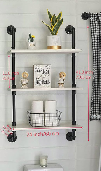 HDDFER White Floating Shelves 24 inch Pipe Wall Shelves Bathroom Shelves Over Toilet with Wood Planks Industrial Pipe Floating Shelves Farmhouse Bathroom Pipe Shelves Wall Mounted