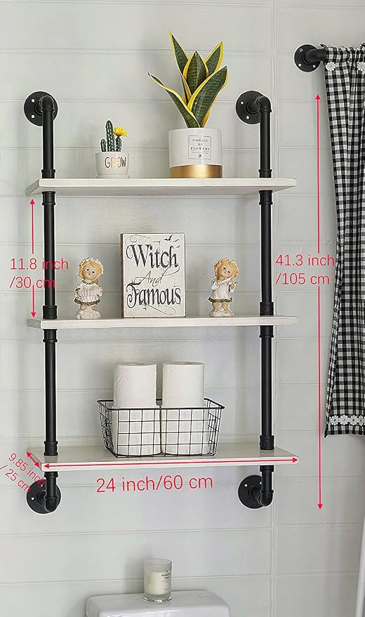 HDDFER White Floating Shelves 24 inch Pipe Wall Shelves Bathroom Shelves Over Toilet with Wood Planks Industrial Pipe Floating Shelves Farmhouse Bathroom Pipe Shelves Wall Mounted