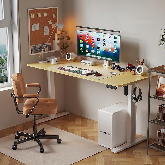 WALKINGDESK 55x24 Inches Height Adjustable Electric Standing Desk with 2 Hooks for Home Office, Ergonomic Sit Stand up Desk with Splice Board, Oak