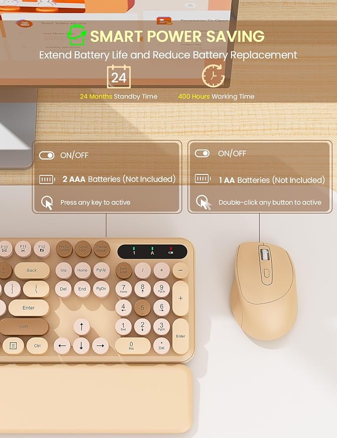 Wireless Keyboard and Mouse Combo - Cute Typewriter Keyboard with Detachable Wrist Rest, Retro Round Keycaps, Foldable Legs, 2.4GHz Full-Size Keyboard for PC, Laptop, Mac, Windows - Trueque (Latte)