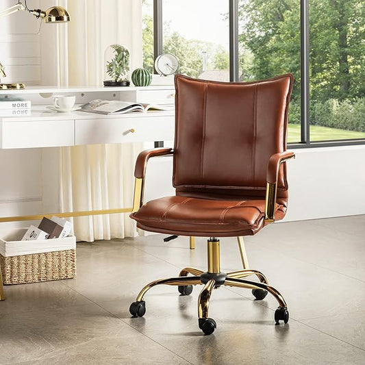 HULALA HOME Faux Leather Home Office Desk Chair, Adjustable Swivel Computer Chair with Golden Legs and Arms, Comfy Upholstered Task Chair, Brown