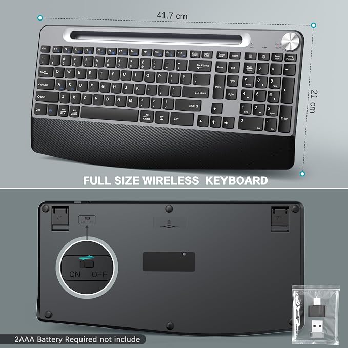 JOYACCESS Wireless Keyboard and Mouse, Ergonomic Wireless Keyboard with Wrist Rest and Phone Holder, Quiet Computer Mouse for Mac PC Laptop-Black Grey