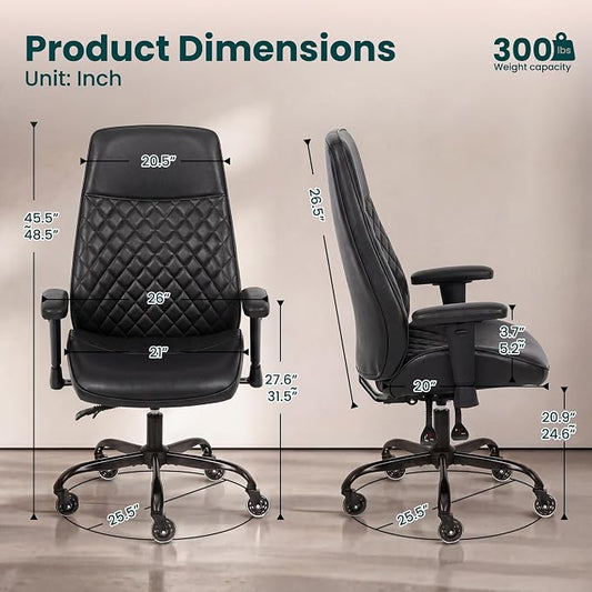 NEO CHAIR Ergonomic Leather Office Desk Chair with Adjustable Height Armrests High Back Lumbar Support Swivel Executive Computer Chair with Wheels Comfy Home Office Chair for Adults (Black)