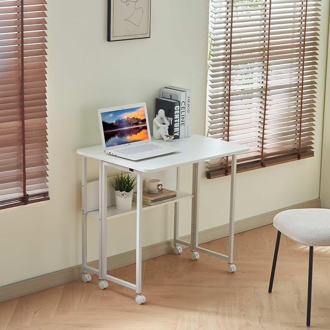 Folding Computer Desk with Wheels, 31.5" Space Saving Writing Table for Small Spaces, Portable Home Office Workstation, Foldable Laptop Desk with Storage Shelf