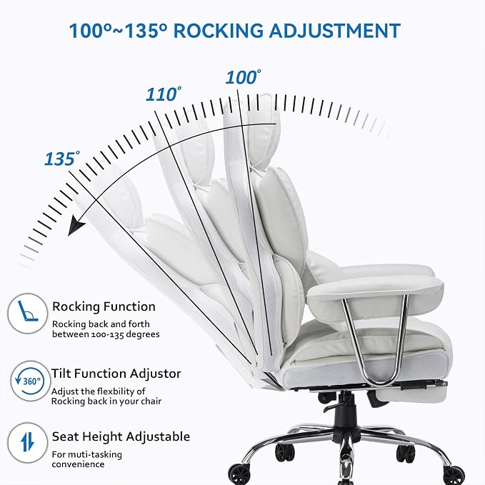 Efomao Big and Tall Office Chair 400lbs, Executive PU Leather Desk Chair with Footrest & Lumbar Support, Heavy Duty Computer Seating for Home, White | 400lbs support, 135° recline, dual-layer foam cushion, 23.5" seat & footrest. BIFMA