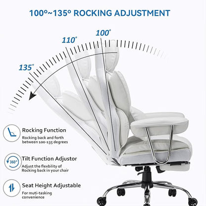 Efomao Big and Tall Office Chair 400lbs, Executive PU Leather Desk Chair with Footrest & Lumbar Support, Heavy Duty Computer Seating for Home, White | 400lbs support, 135° recline, dual-layer foam cushion, 23.5" seat & footrest. BIFMA