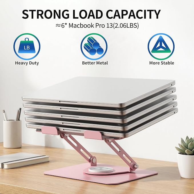 ALASHI Laptop Stand for Desk with 360° Rotating Base, Multi-Angle Adjustable Laptop Stands, Foldable Laptop Riser Compatible with 10 to 17 Inches PC Computer, Pink