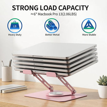 ALASHI Laptop Stand for Desk with 360° Rotating Base, Multi-Angle Adjustable Laptop Stands, Foldable Laptop Riser Compatible with 10 to 17 Inches PC Computer, Pink