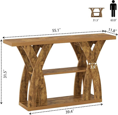 55 inch Sofa Table Behind Couch, 3-Tier Narrow Entryway Table with Storage, Wood Grain X-Shaped Console Tables for Living Room, Hallway, Foyer, Home Office