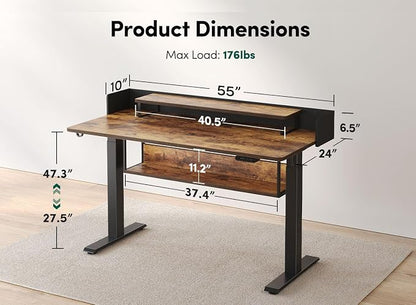 CubiCubi 55" Electric Standing Desk with Under Desk Shelves, Sit Stand Rising Computer Desk with Monitor Shelf, Home Office Desks with Hooks, Adjustable Height Stand Up Workstation Table, Rustic Brown