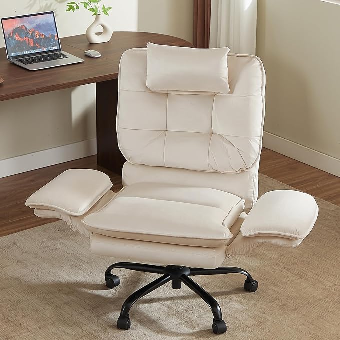 Bestier Criss Cross Chair with Flip-Up Armrests, Swivel Makeup Vanity Chair with Wheels & Side Pockets, Cross Legged Office Chair for Home Office, Bedroom (Beige Velvet, High Back)