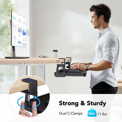 HUANUO Large Under Desk Keyboard Tray with Sturdy C-Clamp Mount, 26 (30.16" Including Clamps) x 12 inch Slide-Out Platform Computer Desk Heavy Duty Keyboard Tray with Storage Drawer for Typing, Black