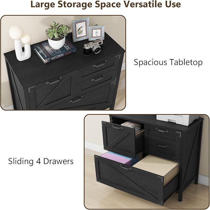 Halitaa Lateral File Cabinet with 4 Drawers, Farmhouse File Cabinet for Letter/Legal/A4 Size Hanging Files, Large Wood File Storage Cabinets Printer Stand for Home Office Cabinets, Black