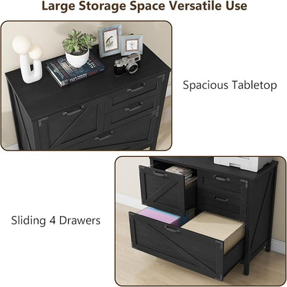 Halitaa Lateral File Cabinet with 4 Drawers, Farmhouse File Cabinet for Letter/Legal/A4 Size Hanging Files, Large Wood File Storage Cabinets Printer Stand for Home Office Cabinets, Black