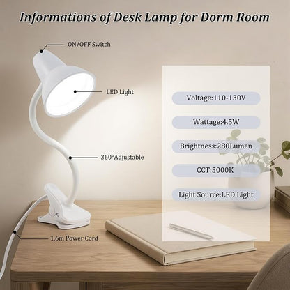 Clip On Led Desk Lamp, Flexible Gooseneck, Eye-Caring 4.5W Energy-Saving Study Lamps, Anti-tip Bedside Reading Light, Desk Lamps for College Dorm Room, Home Office, Modern Lamp with 1.6m Cord, White