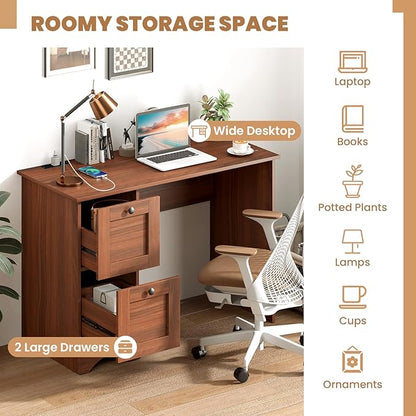 Giantex Computer Desk with 2 Drawers, 43” Wooden Home Office Desk with Charging Station, Compact Study Writing Desk, Modern Laptop PC Desk Workstation for Bedroom, Living Room (Walnut)
