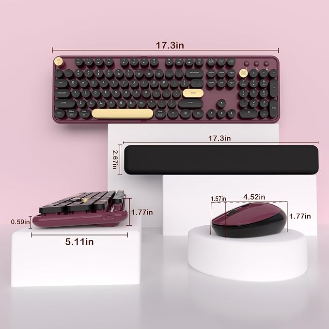 Links9+ Retro Wireless Keyboard and Mouse Combo, 104-Key Full-Size Floating Round Keycaps, 2.4G Plug & Play, USB & Type-C Ready, Ergonomic Set for Mac, Laptop, PC, Windows (Burgundy-Black)