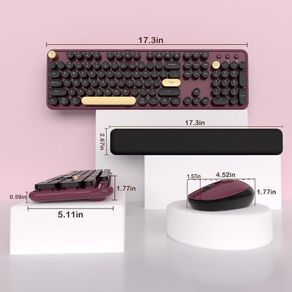 Links9+ Retro Wireless Keyboard and Mouse Combo, 104-Key Full-Size Floating Round Keycaps, 2.4G Plug & Play, USB & Type-C Ready, Ergonomic Set for Mac, Laptop, PC, Windows (Burgundy-Black)