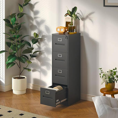 4 Drawer File Cabinet with Lock, Metal Vertical Filing Storage Cabinet for Home Office, Steel Vertical File Cabinets for A4 Legal/Letter Folders,Silent Sliding Drawers, Assembly Required (Black)