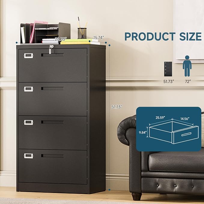 MIIIKO 4 Drawer Lateral File Cabinet with Lock, Black Lateral Filing Cabinets, Metal Storage File Cabinets for Hanging Files Letter/Legal/F4/A4 Size