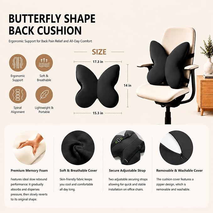 Memory Foam Lumbar Support Pillow,Back Support for Office Chair,Back Pillow for Chair,Ergonomic Lower Back Cushion for Desk Chair,Computer Chair,Gaming Chair and Car Seat,Washable Cover（Black）