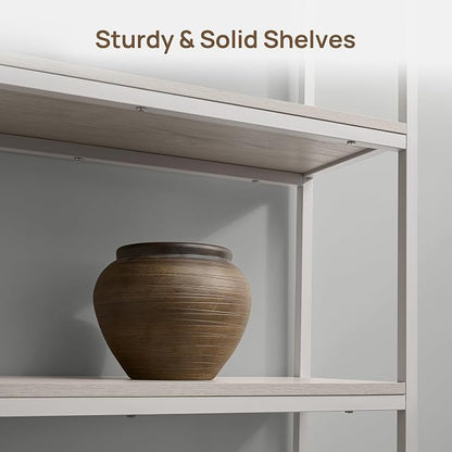 SICOTAS Book Shelf Fluted Bookshelf Cabinet - 75" Tall Bookcase 6 Tier Large Bookshelves with Door Storage Modern Double Wide Book Shelves Case for Living Room Office Library, Metal Frame, White Alder
